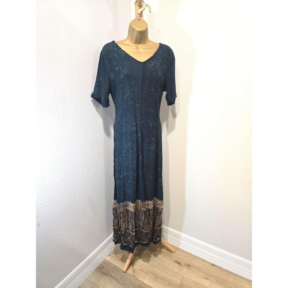 NWT Freyia Handmade Midi Dress Sz Small Green Batik Belted Modest V Neck Forest